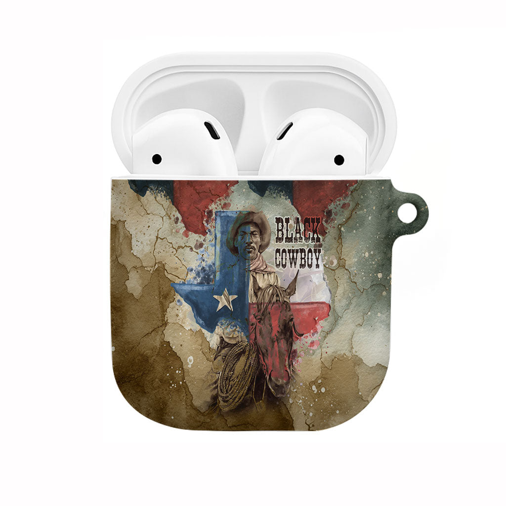 Bill Pickett Texas Flag AirPods Case Black Cowboy - Vintage Grunge Watercolor - Horseback Rider Heritage