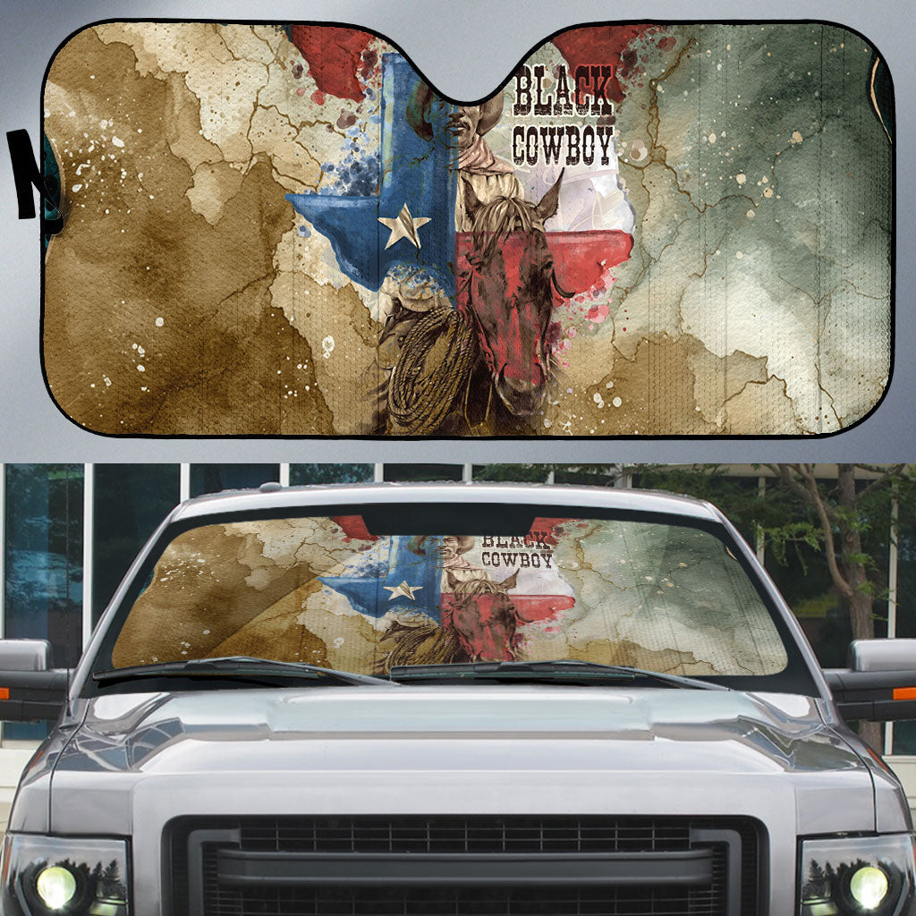 Bill Pickett Texas Flag Auto Sun Shade Black Cowboy - Vintage Grunge Watercolor - Horseback Rider Heritage