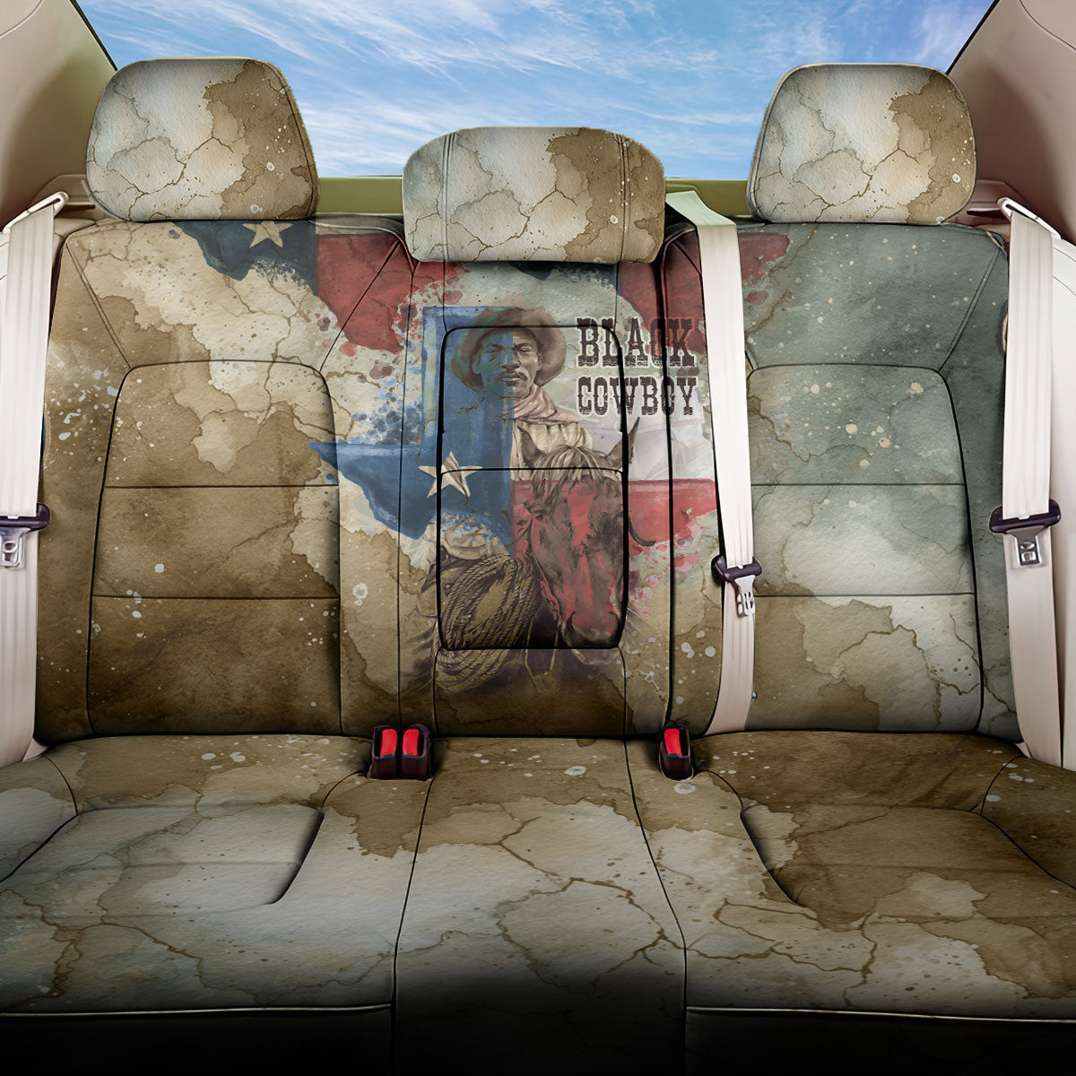 Bill Pickett Texas Flag Back Car Seat Cover Black Cowboy - Vintage Grunge Watercolor - Horseback Rider Heritage