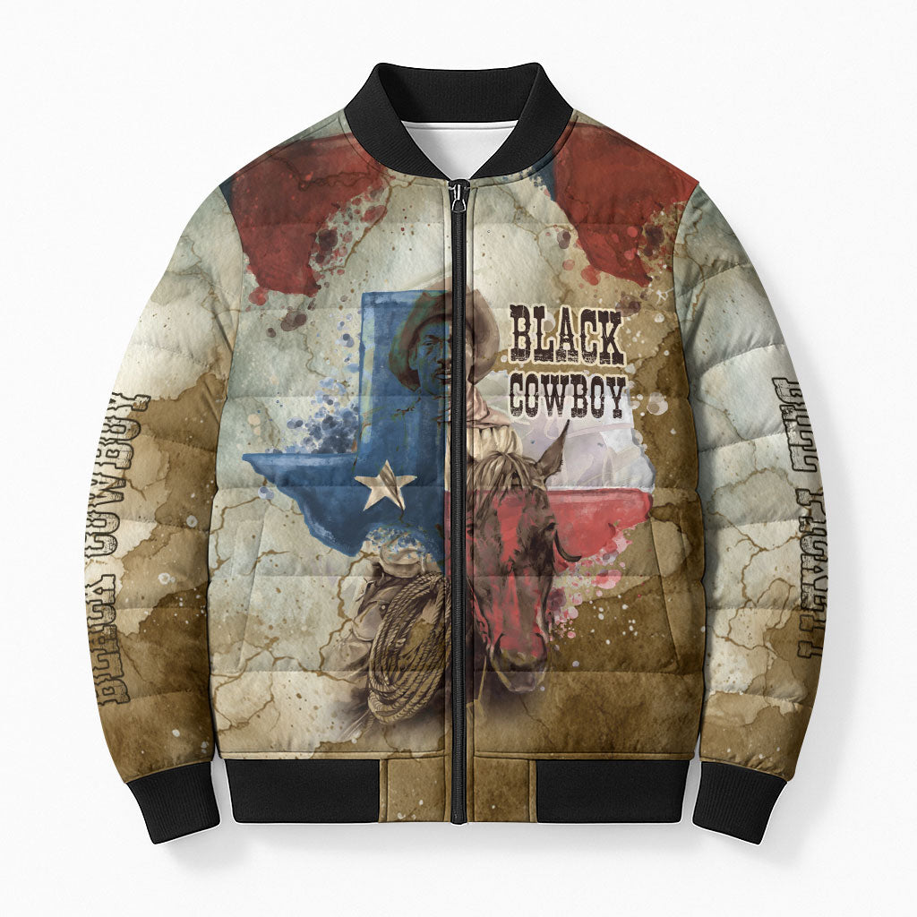 Bill Pickett Texas Flag Bomber Puffer Jacket Black Cowboy - Vintage Grunge Watercolor - Horseback Rider Heritage