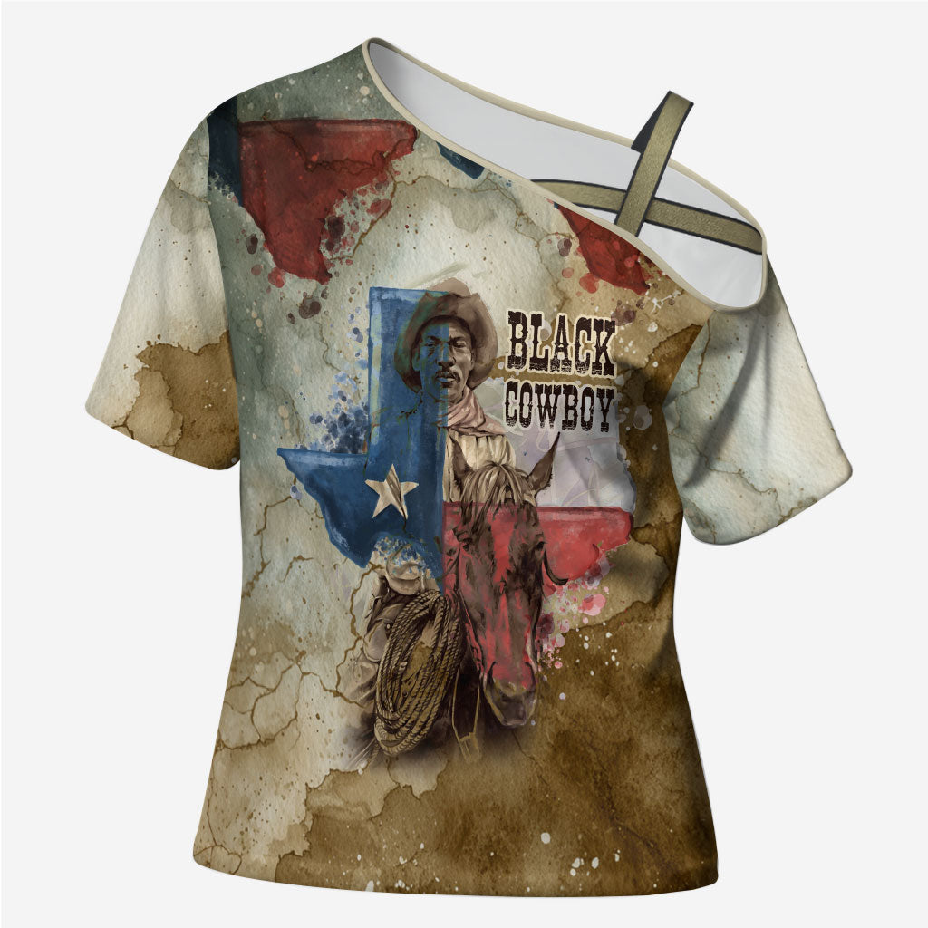 Bill Pickett Texas Flag Cross Shoulder Shirt Black Cowboy - Vintage Grunge Watercolor - Horseback Rider Heritage