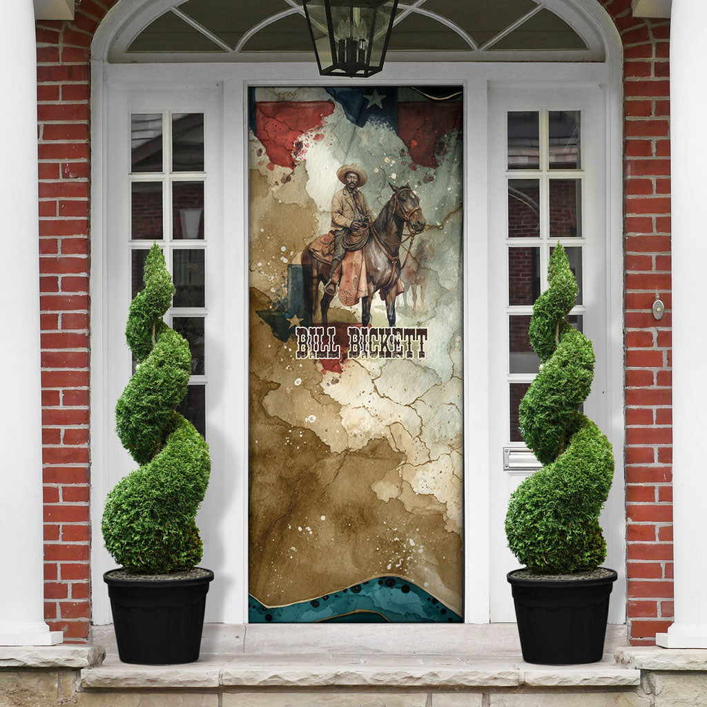 Bill Pickett Texas Flag Door Cover Black Cowboy - Vintage Grunge Watercolor - Horseback Rider Heritage