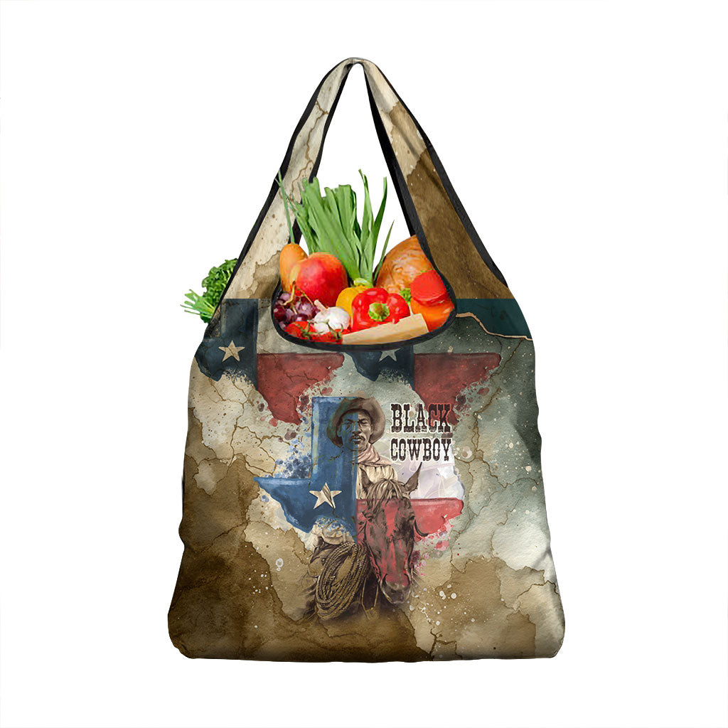 Bill Pickett Texas Flag Grocery Bag Black Cowboy - Vintage Grunge Watercolor - Horseback Rider Heritage