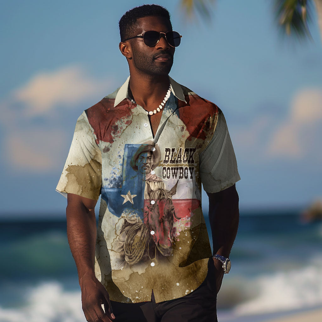 Bill Pickett Texas Flag Hawaiian Shirt Black Cowboy - Vintage Grunge Watercolor - Horseback Rider Heritage