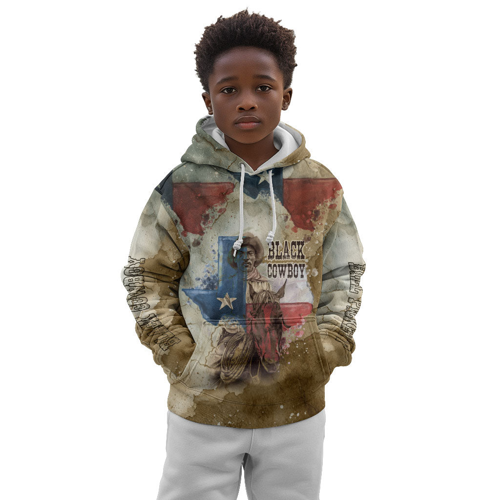 Bill Pickett Texas Flag Kid Hoodie Black Cowboy - Vintage Grunge Watercolor - Horseback Rider Heritage