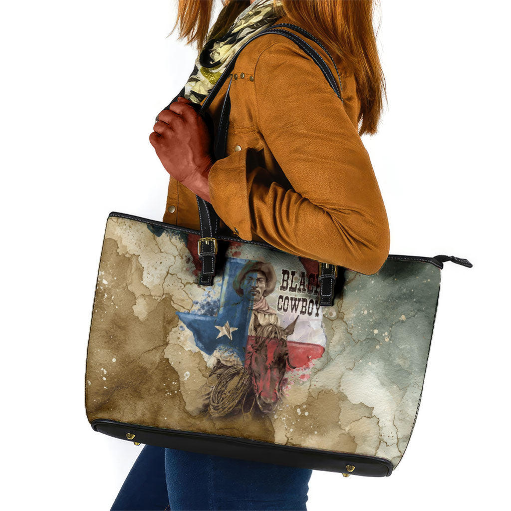Bill Pickett Texas Flag Leather Tote Bag Black Cowboy - Vintage Grunge Watercolor - Horseback Rider Heritage