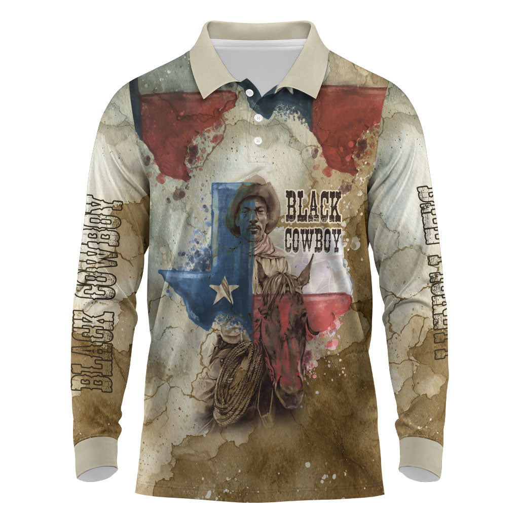 Bill Pickett Texas Flag Long Sleeve Polo Shirt Black Cowboy - Vintage Grunge Watercolor - Horseback Rider Heritage