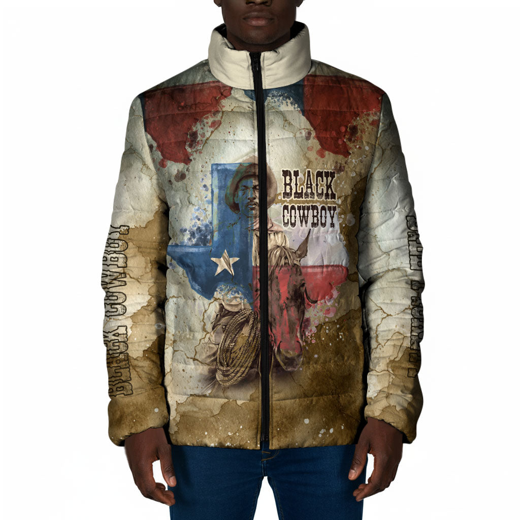 Bill Pickett Texas Flag Padded Jacket Black Cowboy - Vintage Grunge Watercolor - Horseback Rider Heritage