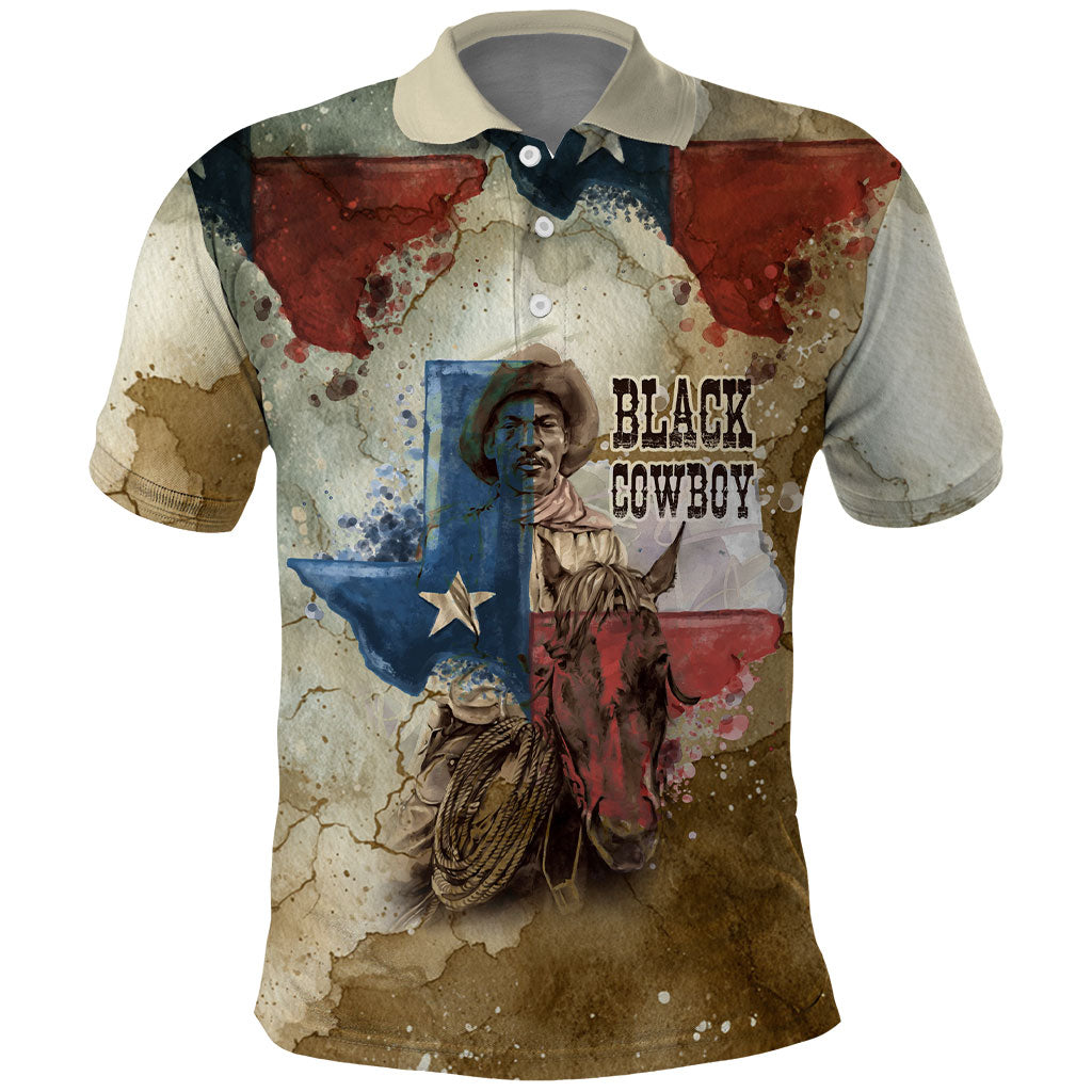 Bill Pickett Texas Flag Polo Shirt Black Cowboy - Vintage Grunge Watercolor - Horseback Rider Heritage