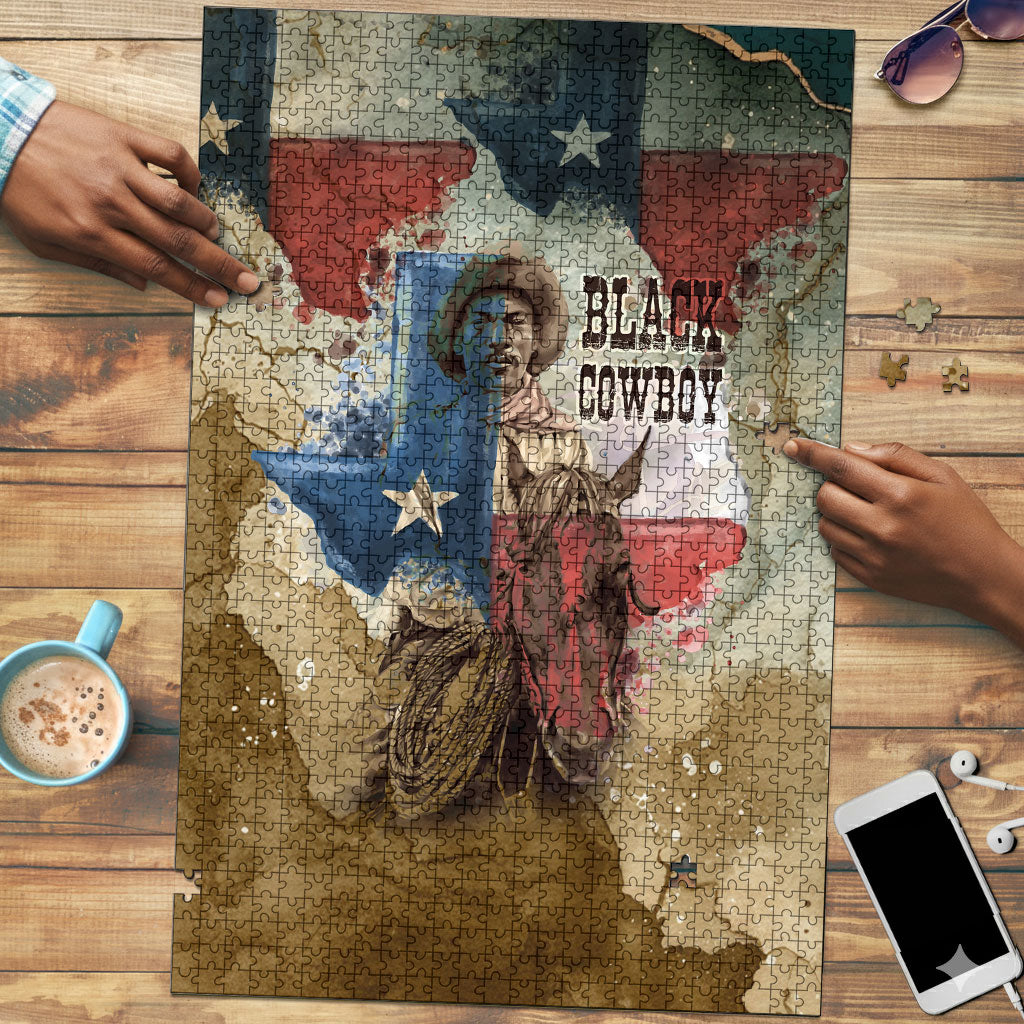 Bill Pickett Texas Flag Puzzle Black Cowboy - Vintage Grunge Watercolor - Horseback Rider Heritage