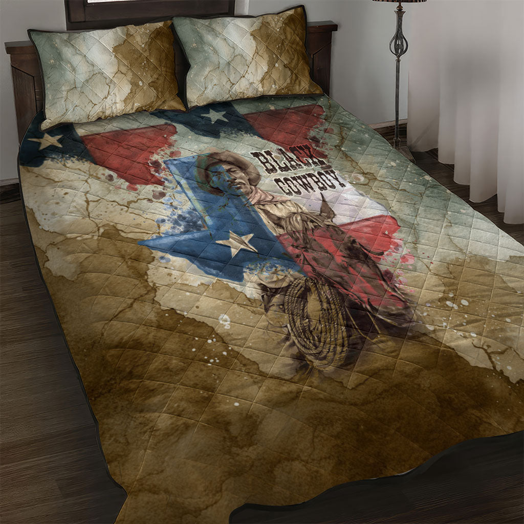 Bill Pickett Texas Flag Quilt Bed Set Black Cowboy - Vintage Grunge Watercolor - Horseback Rider Heritage