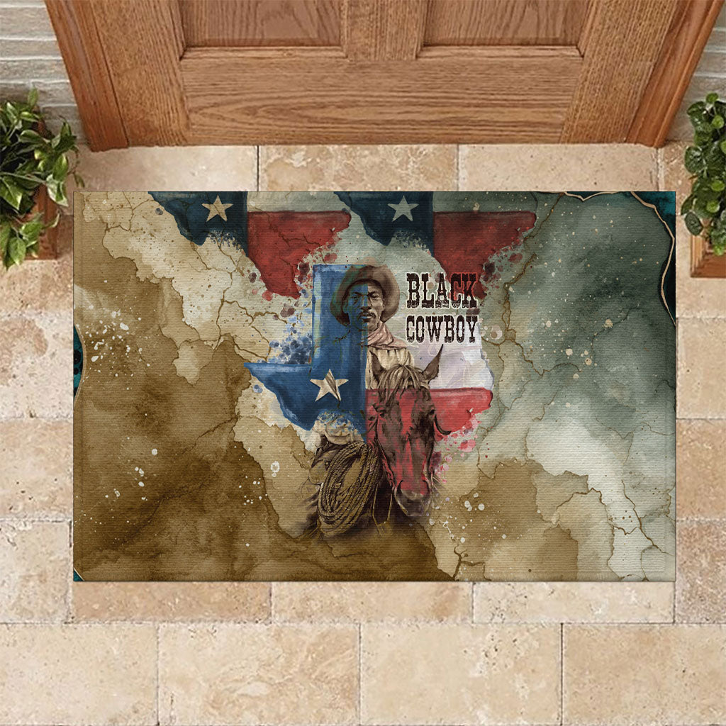 Bill Pickett Texas Flag Rubber Doormat Black Cowboy - Vintage Grunge Watercolor - Horseback Rider Heritage