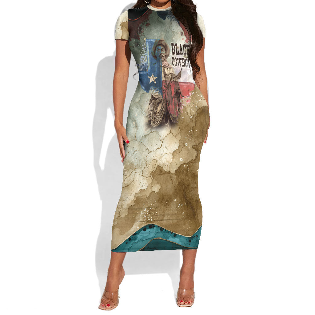 Bill Pickett Texas Flag Short Sleeve Bodycon Dress Black Cowboy - Vintage Grunge Watercolor - Horseback Rider Heritage