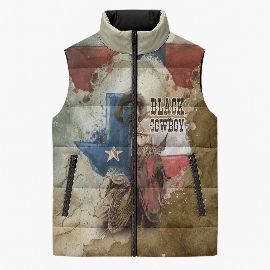 Bill Pickett Texas Flag Sleeveless Puffer Jacket Black Cowboy - Vintage Grunge Watercolor - Horseback Rider Heritage