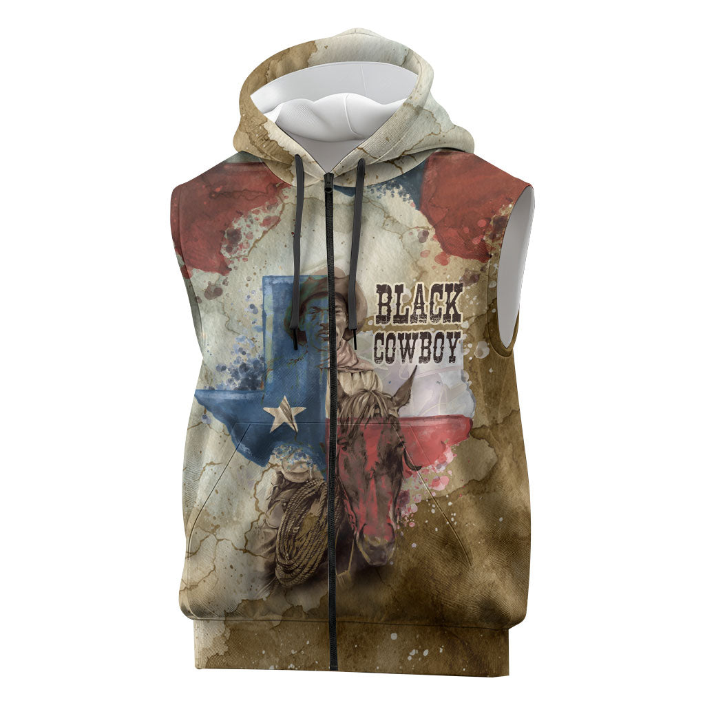 Bill Pickett Texas Flag Sleeveless Zip Hoodie Black Cowboy - Vintage Grunge Watercolor - Horseback Rider Heritage