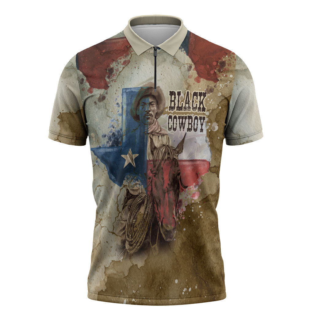 Bill Pickett Texas Flag Zipper Polo Shirt Black Cowboy - Vintage Grunge Watercolor - Horseback Rider Heritage