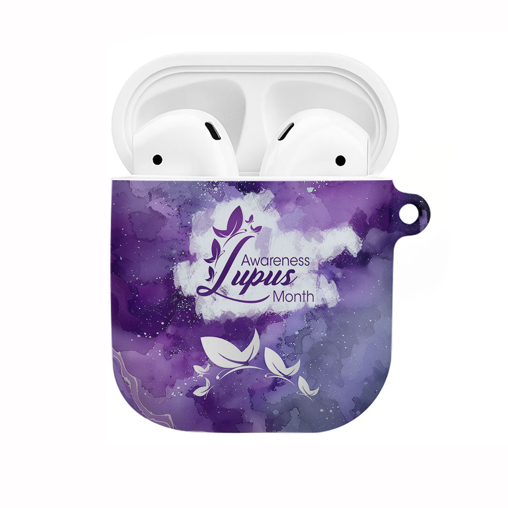 Lupus Awareness Month AirPods Case Purple Ribbon Watercolor Galaxy Butterfly Floral Support Art