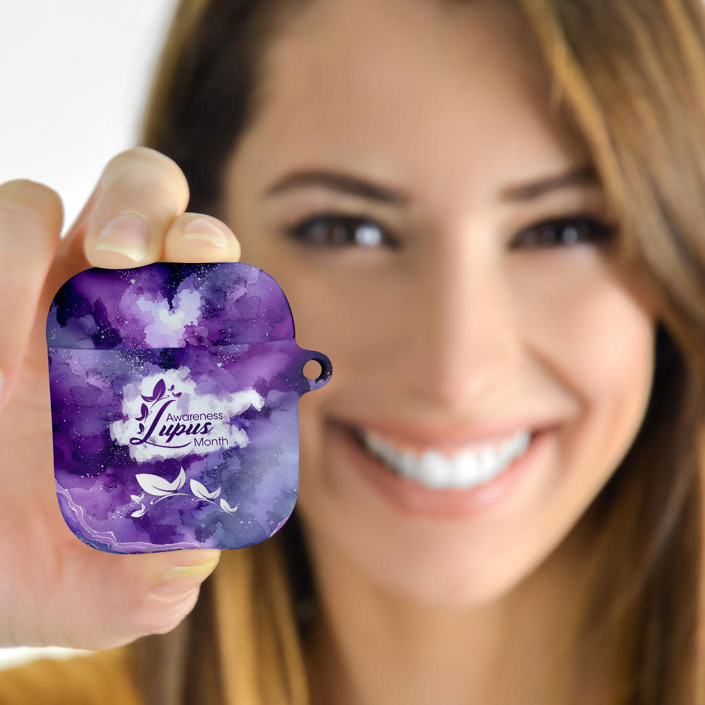 Lupus Awareness Month AirPods Case Purple Ribbon Watercolor Galaxy Butterfly Floral Support Art