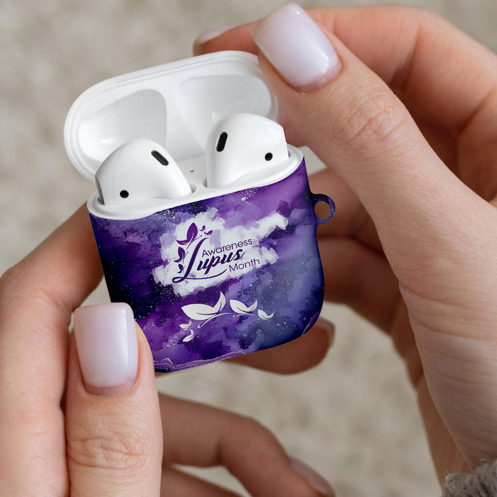 Lupus Awareness Month AirPods Case Purple Ribbon Watercolor Galaxy Butterfly Floral Support Art