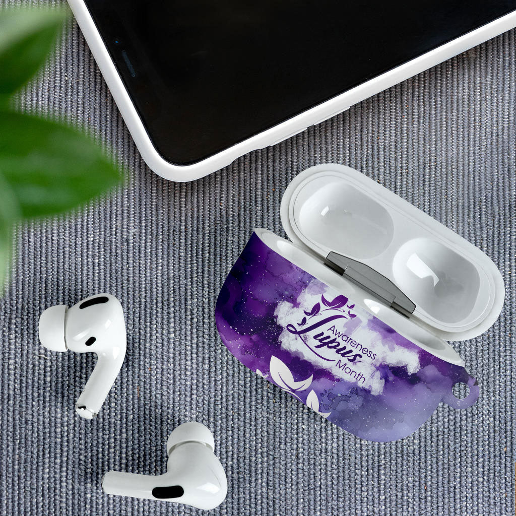 Lupus Awareness Month AirPods Case Purple Ribbon Watercolor Galaxy Butterfly Floral Support Art