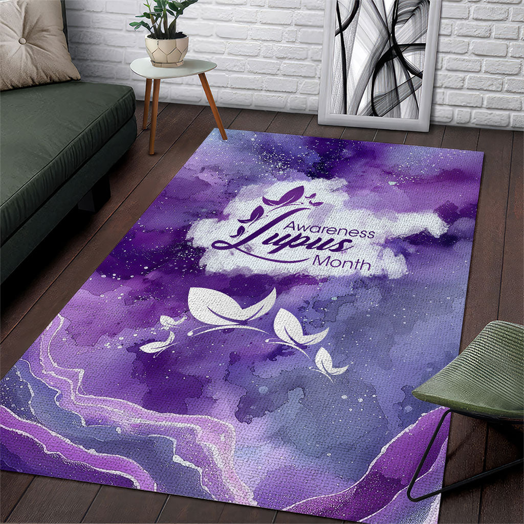 Lupus Awareness Month Area Rug Purple Ribbon Watercolor Galaxy Butterfly Floral Support Art
