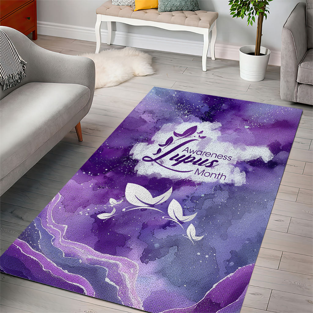 Lupus Awareness Month Area Rug Purple Ribbon Watercolor Galaxy Butterfly Floral Support Art