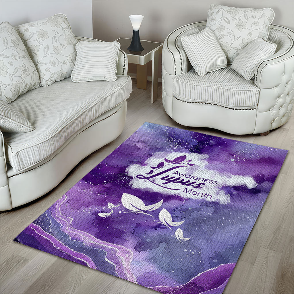 Lupus Awareness Month Area Rug Purple Ribbon Watercolor Galaxy Butterfly Floral Support Art