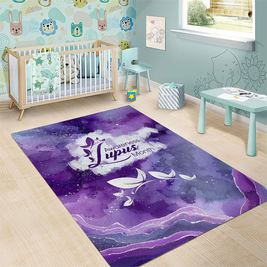 Lupus Awareness Month Area Rug Purple Ribbon Watercolor Galaxy Butterfly Floral Support Art
