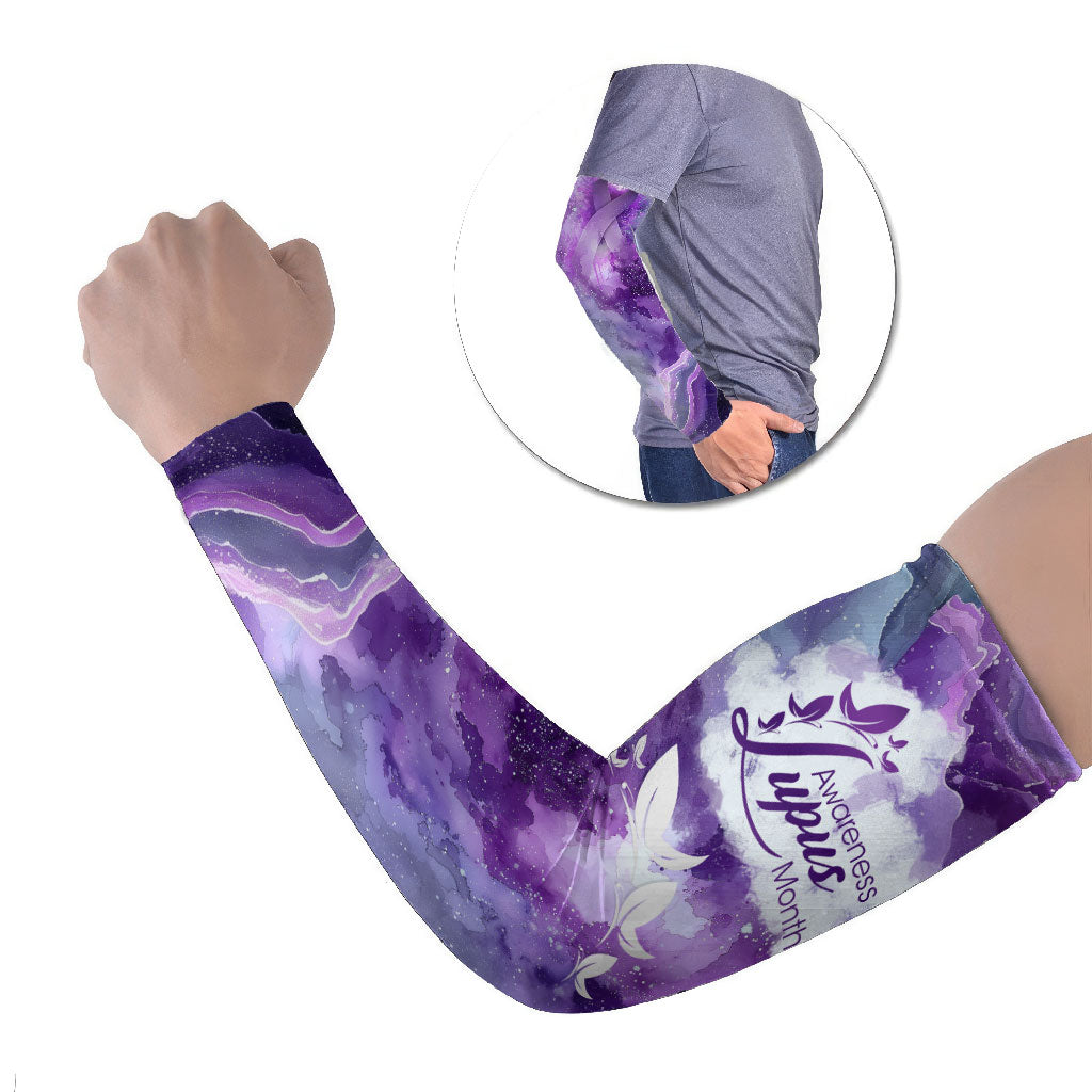 Lupus Awareness Month Arm Sleeves Purple Ribbon Watercolor Galaxy Butterfly Floral Support Art