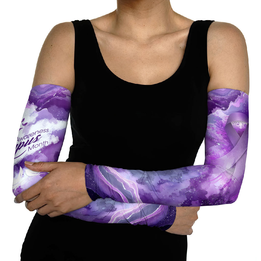 Lupus Awareness Month Arm Sleeves Purple Ribbon Watercolor Galaxy Butterfly Floral Support Art
