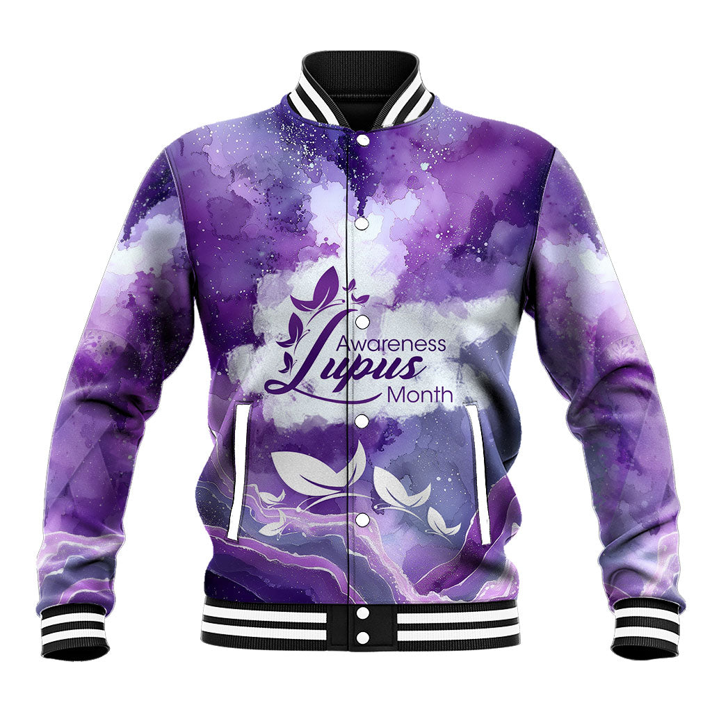 Lupus Awareness Month Baseball Jacket Purple Ribbon Watercolor Galaxy Butterfly Floral Support Art