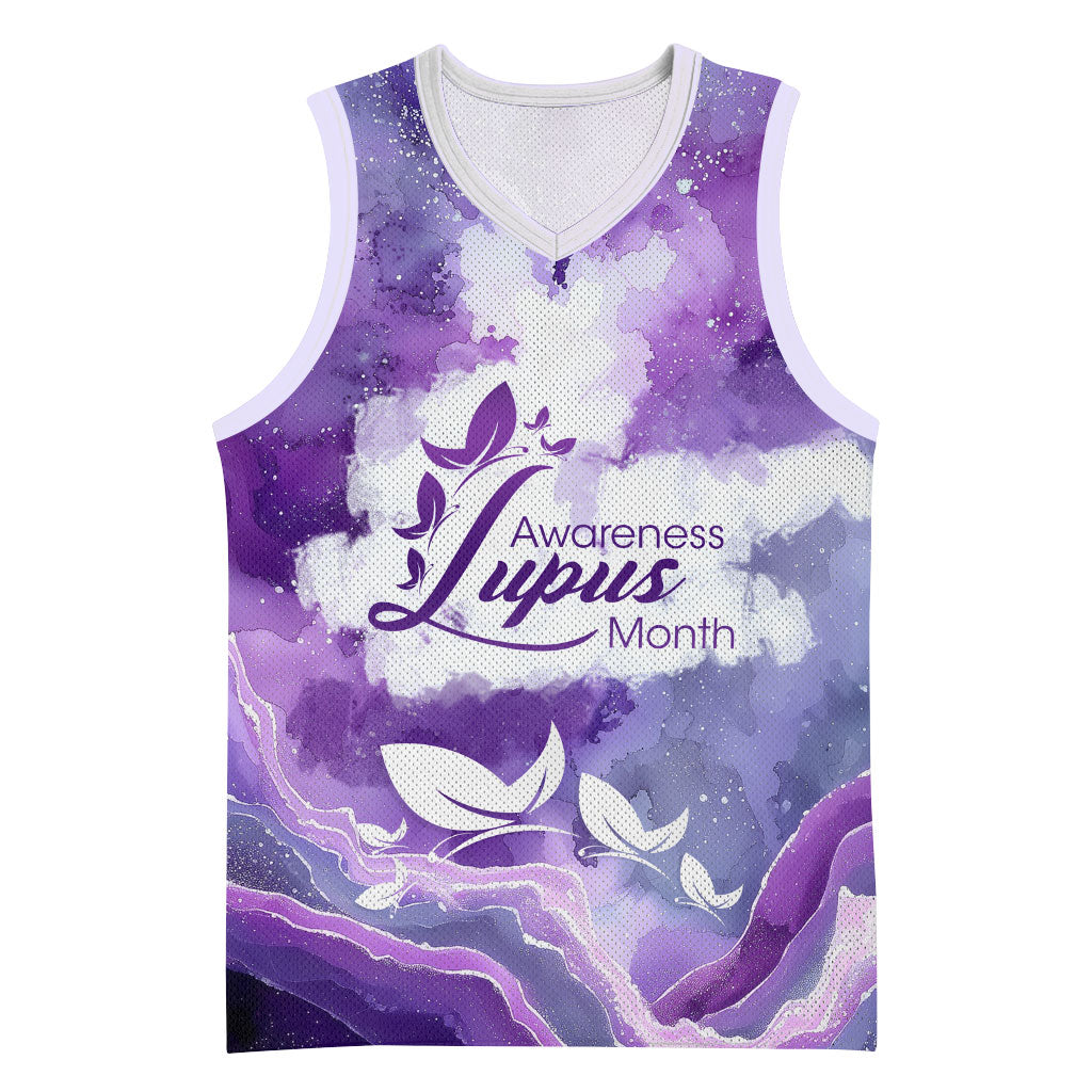 Lupus Awareness Month Basketball Jersey Purple Ribbon Watercolor Galaxy Butterfly Floral Support Art