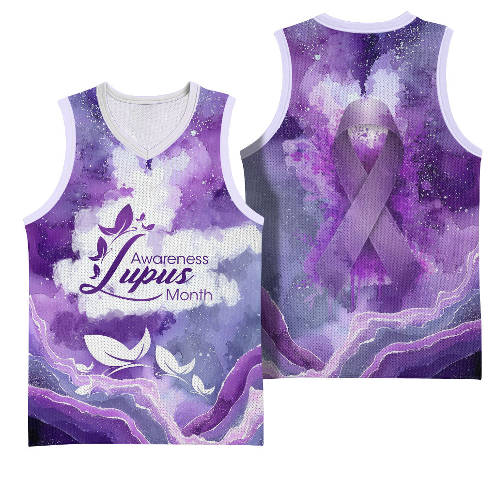 Lupus Awareness Month Basketball Jersey Purple Ribbon Watercolor Galaxy Butterfly Floral Support Art