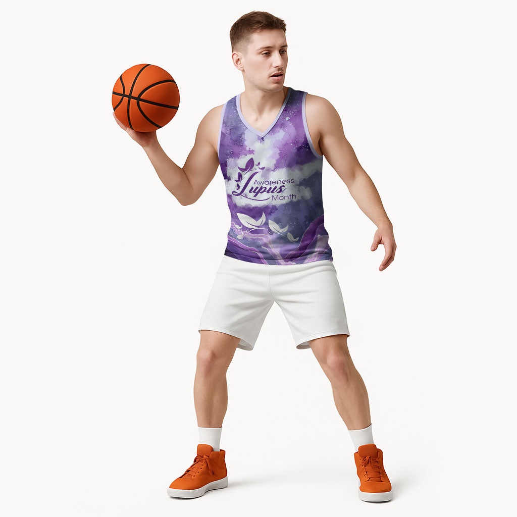 Lupus Awareness Month Basketball Jersey Purple Ribbon Watercolor Galaxy Butterfly Floral Support Art