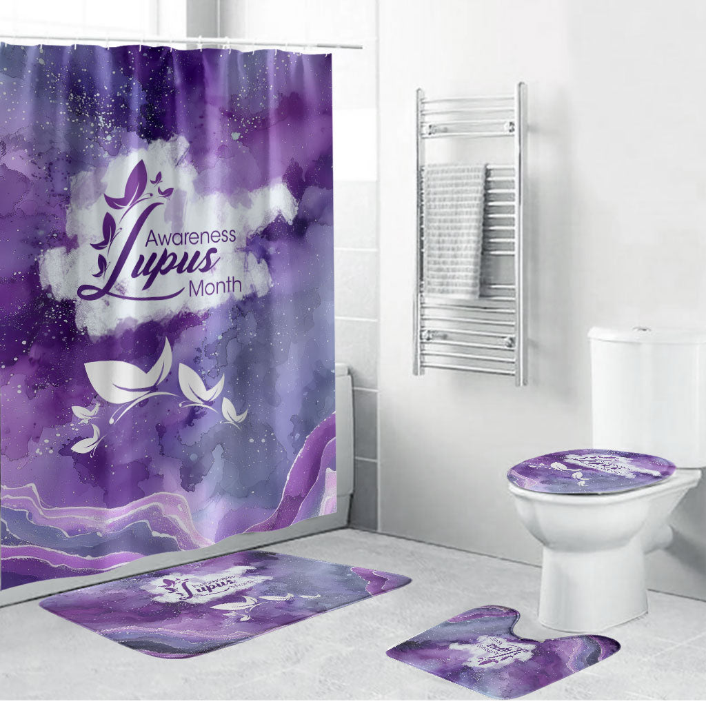 Lupus Awareness Month Bathroom Set Purple Ribbon Watercolor Galaxy Butterfly Floral Support Art