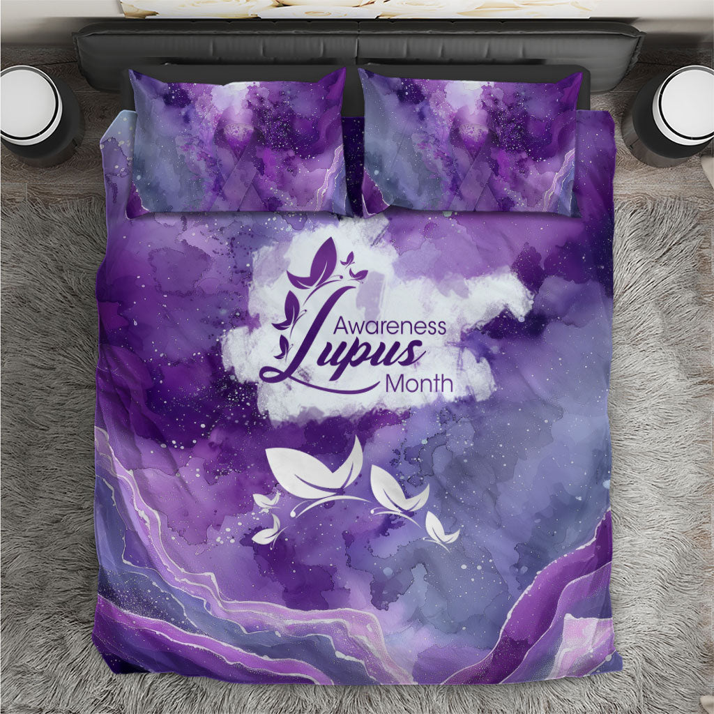Lupus Awareness Month Bedding Set Purple Ribbon Watercolor Galaxy Butterfly Floral Support Art