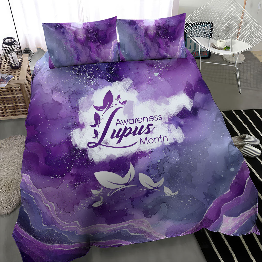 Lupus Awareness Month Bedding Set Purple Ribbon Watercolor Galaxy Butterfly Floral Support Art