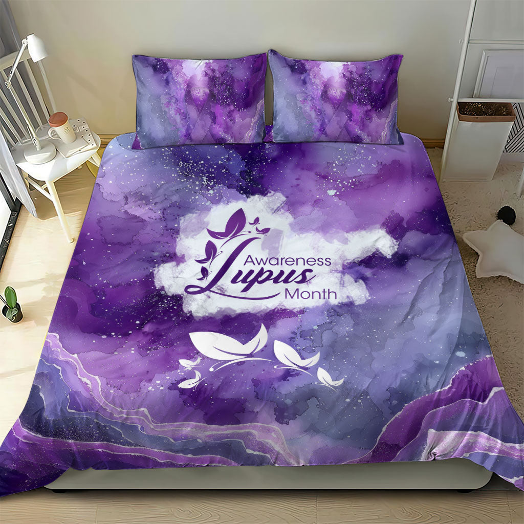 Lupus Awareness Month Bedding Set Purple Ribbon Watercolor Galaxy Butterfly Floral Support Art