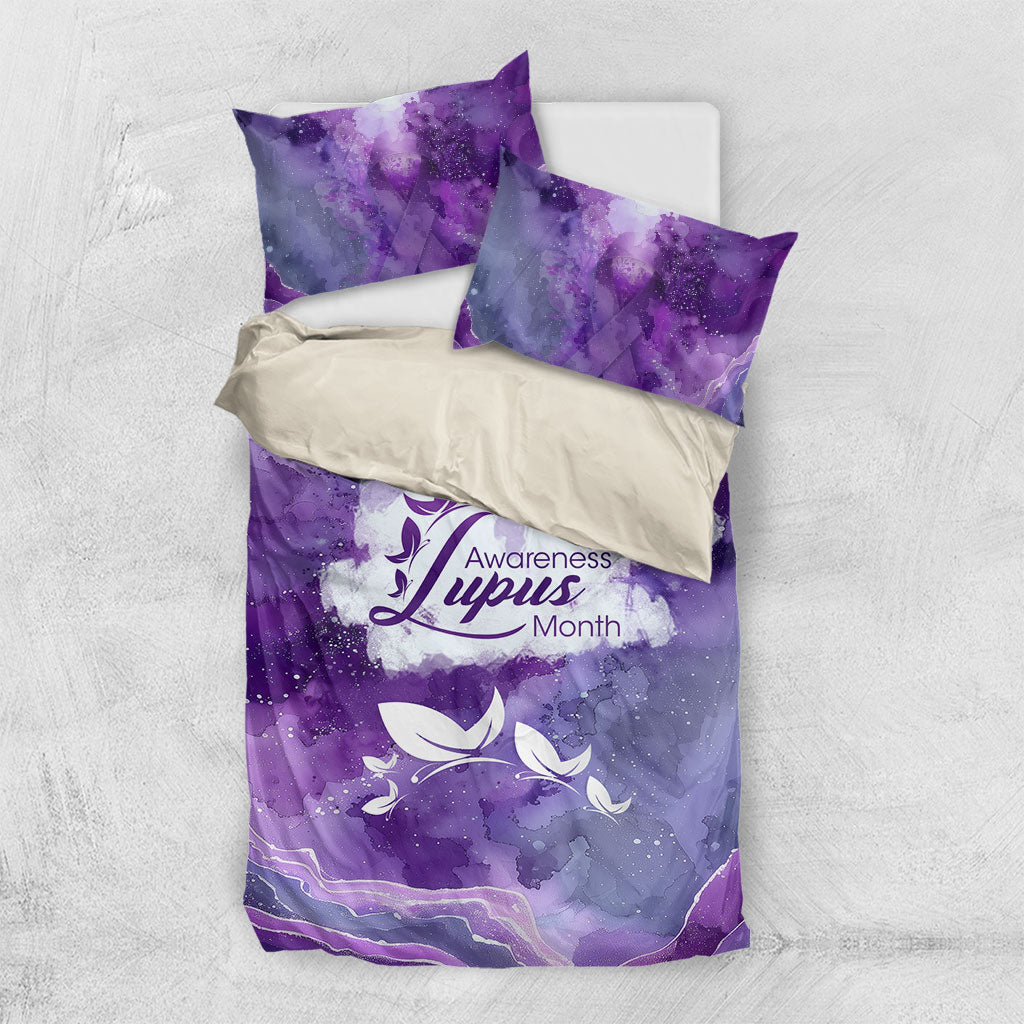 Lupus Awareness Month Bedding Set Purple Ribbon Watercolor Galaxy Butterfly Floral Support Art