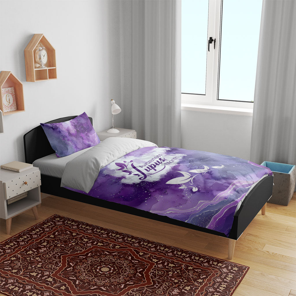 Lupus Awareness Month Bedding Set Purple Ribbon Watercolor Galaxy Butterfly Floral Support Art