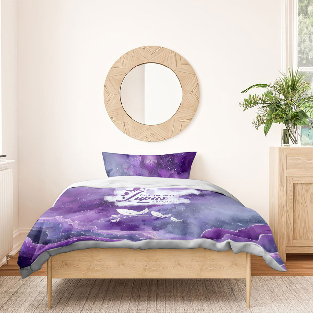 Lupus Awareness Month Bedding Set Purple Ribbon Watercolor Galaxy Butterfly Floral Support Art
