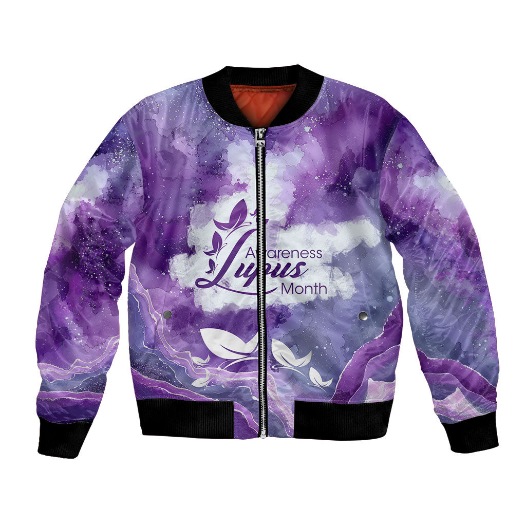 Lupus Awareness Month Bomber Jacket Purple Ribbon Watercolor Galaxy Butterfly Floral Support Art