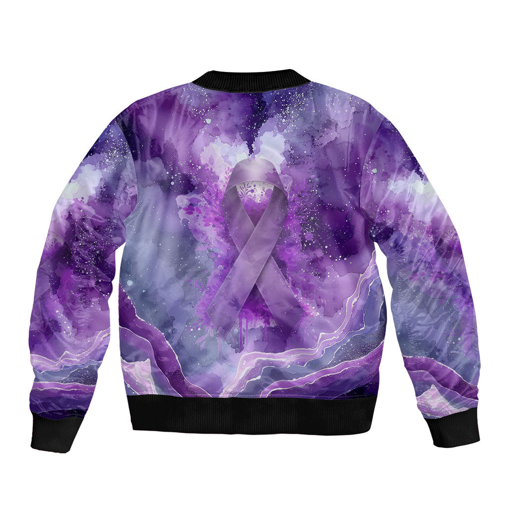 Lupus Awareness Month Bomber Jacket Purple Ribbon Watercolor Galaxy Butterfly Floral Support Art