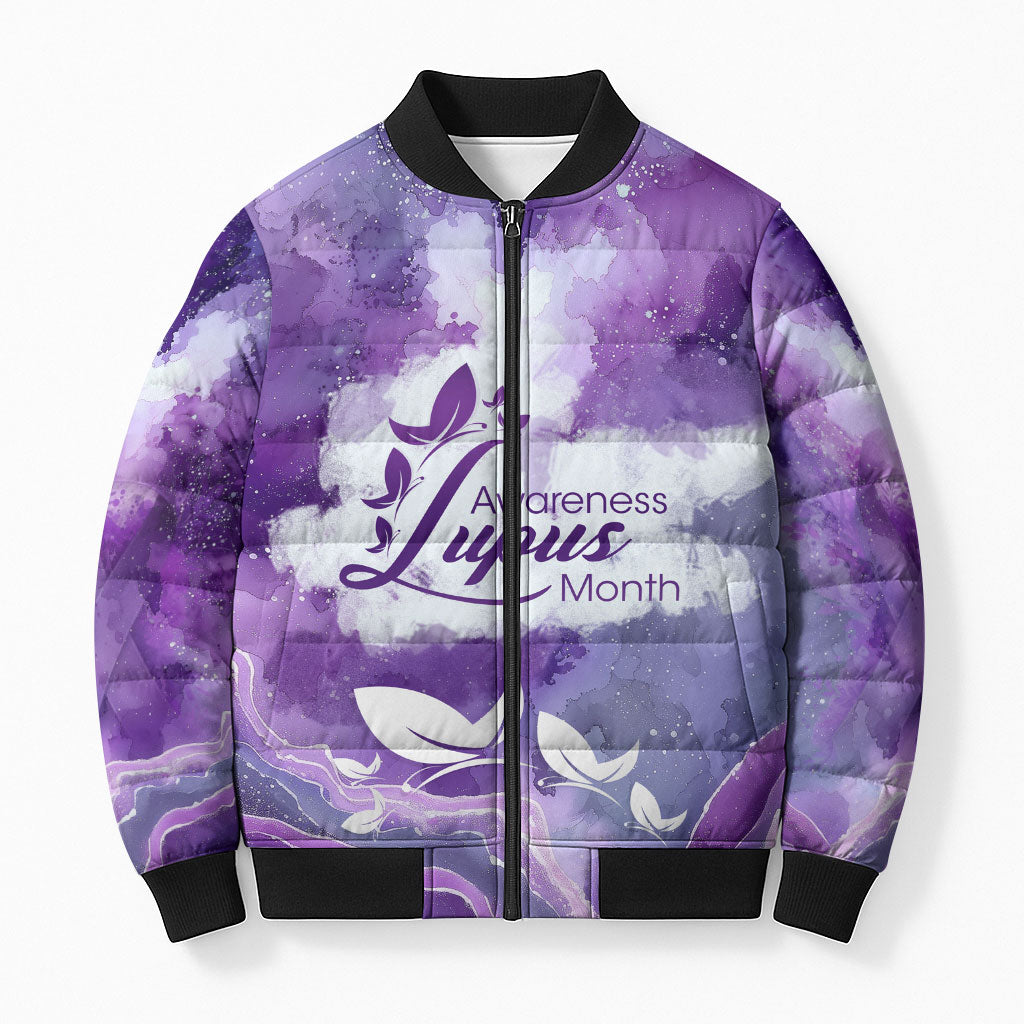 Lupus Awareness Month Bomber Puffer Jacket Purple Ribbon Watercolor Galaxy Butterfly Floral Support Art