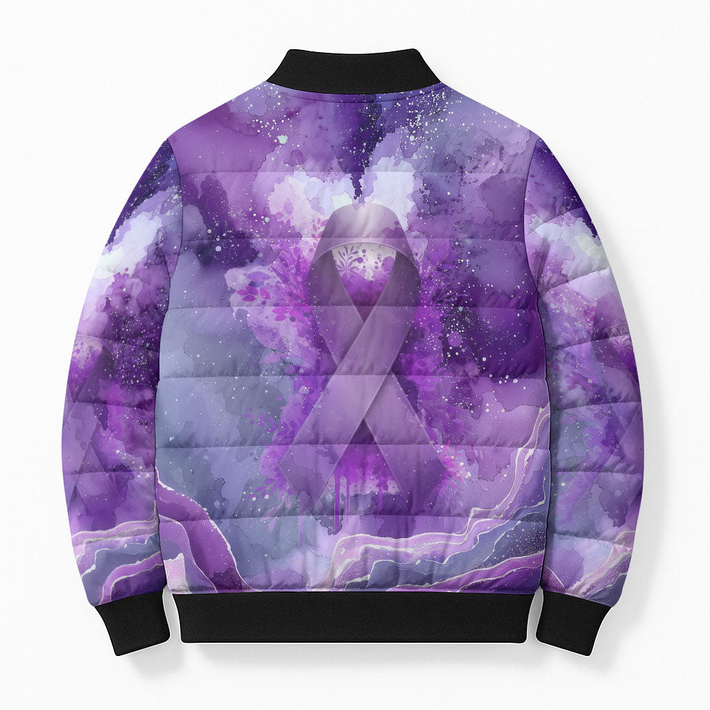 Lupus Awareness Month Bomber Puffer Jacket Purple Ribbon Watercolor Galaxy Butterfly Floral Support Art