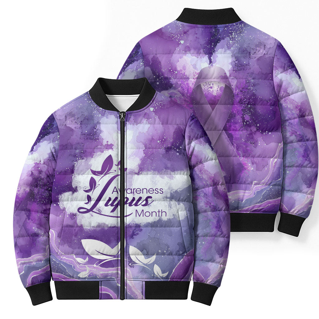 Lupus Awareness Month Bomber Puffer Jacket Purple Ribbon Watercolor Galaxy Butterfly Floral Support Art