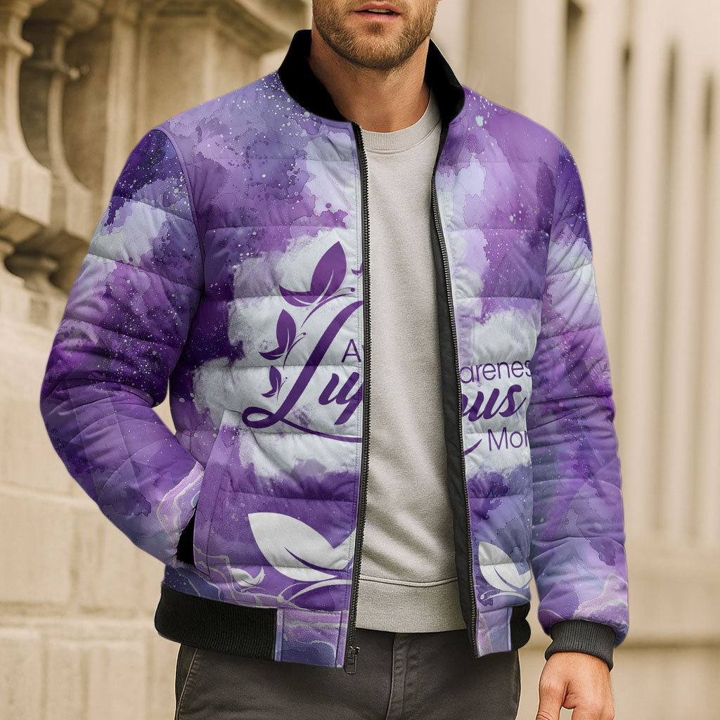 Lupus Awareness Month Bomber Puffer Jacket Purple Ribbon Watercolor Galaxy Butterfly Floral Support Art