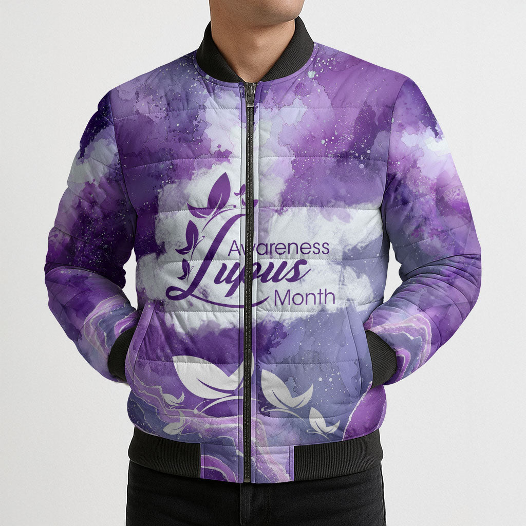 Lupus Awareness Month Bomber Puffer Jacket Purple Ribbon Watercolor Galaxy Butterfly Floral Support Art