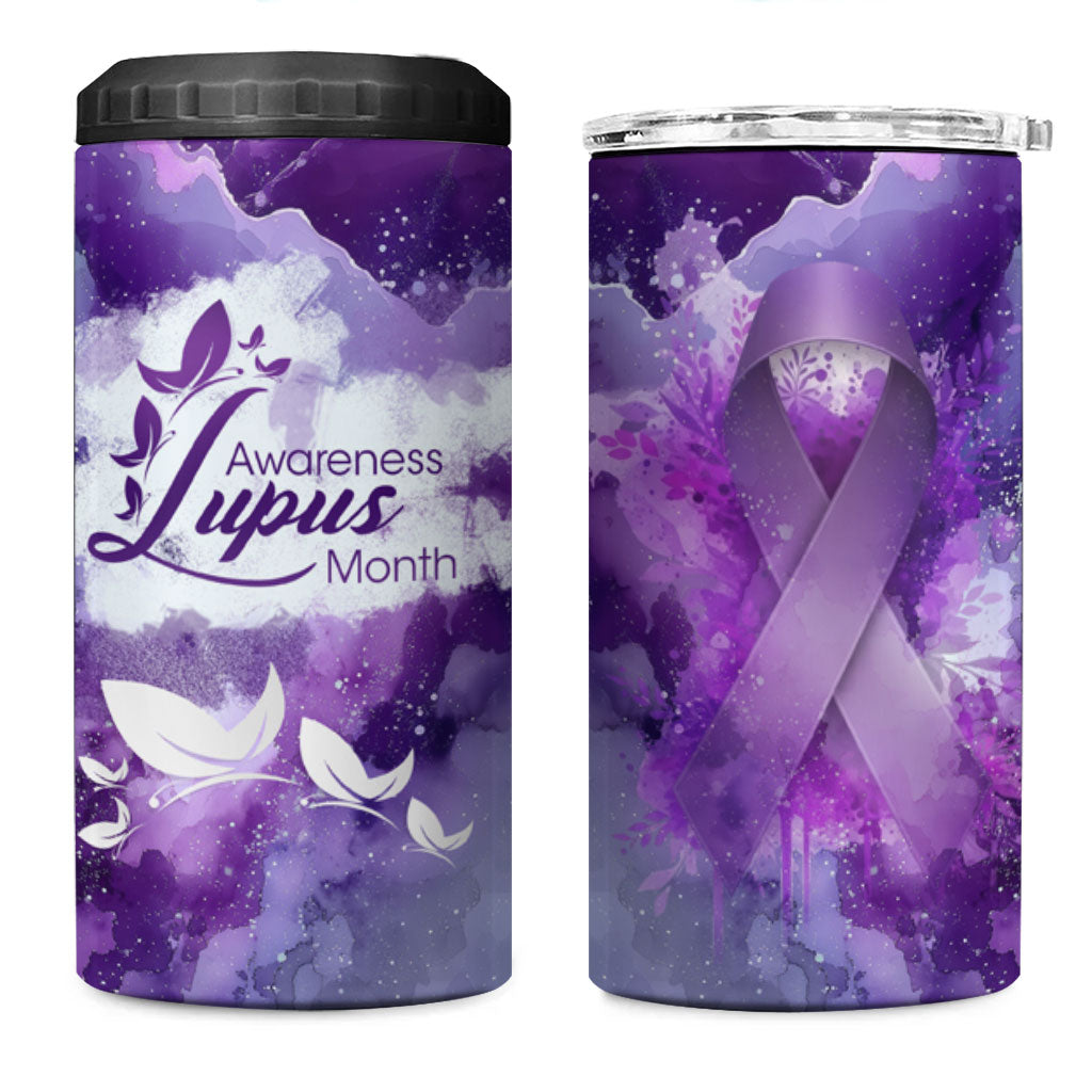 Lupus Awareness Month 4 in 1 Can Cooler Tumbler Purple Ribbon Watercolor Galaxy Butterfly Floral Support Art