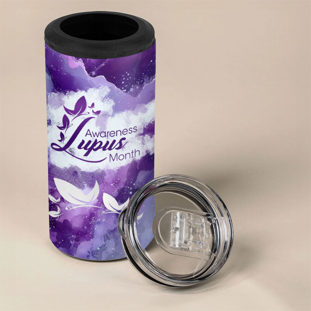Lupus Awareness Month 4 in 1 Can Cooler Tumbler Purple Ribbon Watercolor Galaxy Butterfly Floral Support Art